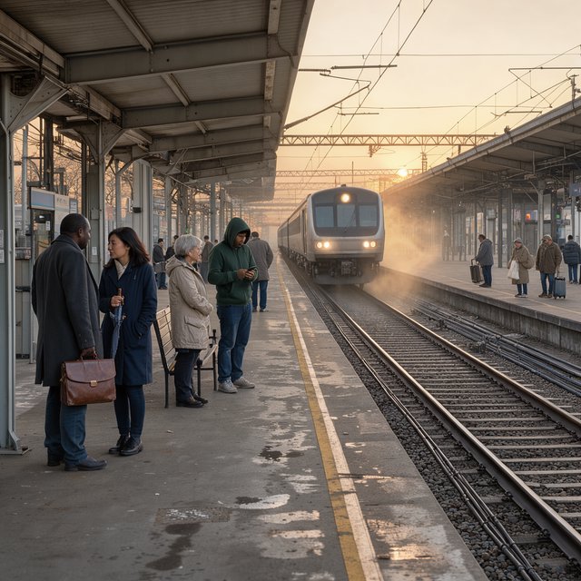 Across a broad station platform, adult commuters wait in loose clusters as a train approaches through pale dawn haze. A real-world press photograph uses a 135mm lens and deep focus; fine brake dust hangs in the sunlit air. — FLUX 3 Image Klein