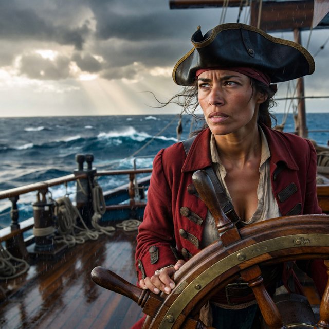 A pirate woman wearing a tricorne hat and an open coat stands behind the helmsman, scanning the horizon for danger. — ImagineArt 2