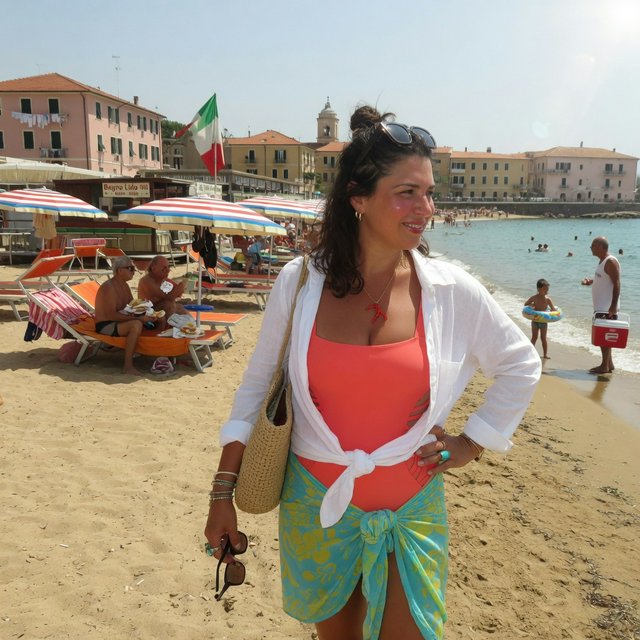 Authentic amateur photo of a beautiful adult woman standing at an Italian beach during vacation time. She wears appropriate clothing. It is noon. — Grok Imagine Image Quality