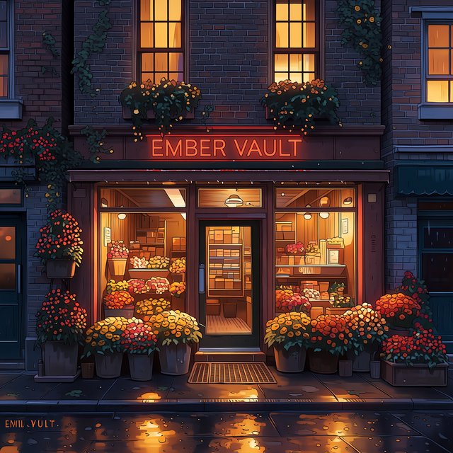 At dusk, a narrow flower shop with rain-dark brick, overflowing window boxes, and warm interior light; the invented name "EMBER VAULT" is rendered in red neon tubing above the entrance, reflected in puddles. — Midjourney Niji 7
