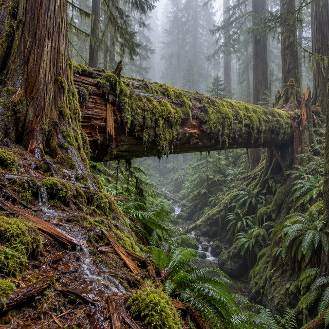 Between cedar trunks, a moss-covered fallen giant bridges a fern-filled ravine in steady dawn drizzle; shredded bark, rain-dark lichen, and tiny rivulets stand crisp nearby while successive trees dissolve into green mist. — GPT Image 2.5 Sunburst