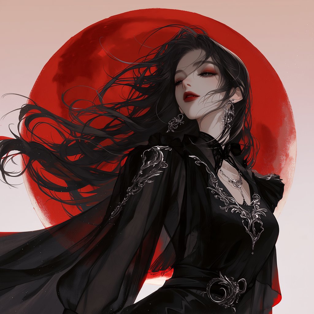 Captivating gothic goddess silhouetted against a blood red moon. Long dark hair blowing in a gentle breeze. Dramatic make-up. Ethereal black garment with silver details billowing in the breeze. Pensive expression. — Midjourney Niji 7
