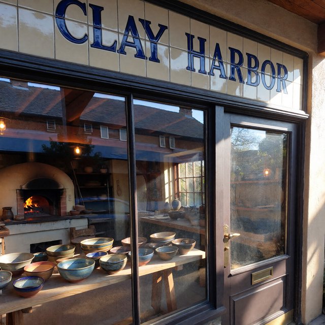 A sunlit ceramicist's studio storefront displays glazed bowls behind dusty glass doors; "CLAY HARBOR" is printed in cobalt-blue block letters across a cream tile transom above the entrance, with kiln warmth glowing inside. — ImagineArt 1.5 Pro