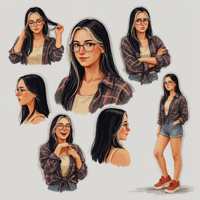 Character exploration sheet of the same woman: several bust and waist-up studies with varied expressions and 3/4 views, including one from behind, glancing over her shoulder at the viewer; one larger central portrait; and one full-length figure at the side, spanning the image height. Plain light-gray background with irregular painted edges. Character: 25-year-old Korean woman with long straight black hair and two platinum face-framing streaks from roots to ends, glasses, tipped almond eyes, Asian skin tone, plaid button-up tied at the waist, cuffed denim shorts, chunky red sneakers. Style: stylized semi-realistic digital painting; animation-inspired proportions, large eyes, strong brows, simplified but solid anatomy, painterly shape-based rendering, minimal linework, soft facial shading, angular clothing brushwork, warm luminous skin with peach/terracotta undertones and rosy cheeks/nose, sculpted hair, muted charcoal/earth palette, soft studio light, loose unfinished edges. — Model 7