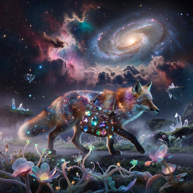 A celestial fox made of stardust and nebulae, carrying a satchel overflowing with glowing cosmic jewels, journeys through an ethereal dreamscape. Swirling galaxies and bioluminescent flora fill the background. The scene is rendered in a surreal, photorealistic style, emphasizing intricate details and a sense of infinite wonder. — ImagineArt 2
