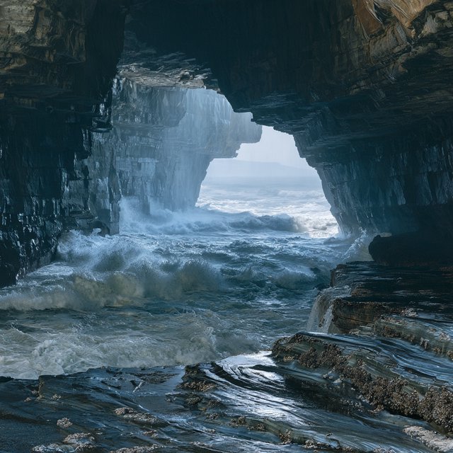 Inside a blue-grey sea cave, incoming swells curl over ribbed limestone beneath a clearing rain squall in late afternoon; wet mineral bands and shell fragments sharpen the entrance ledge, while the cavern mouth frames hazy open water. — Midjourney V8.2