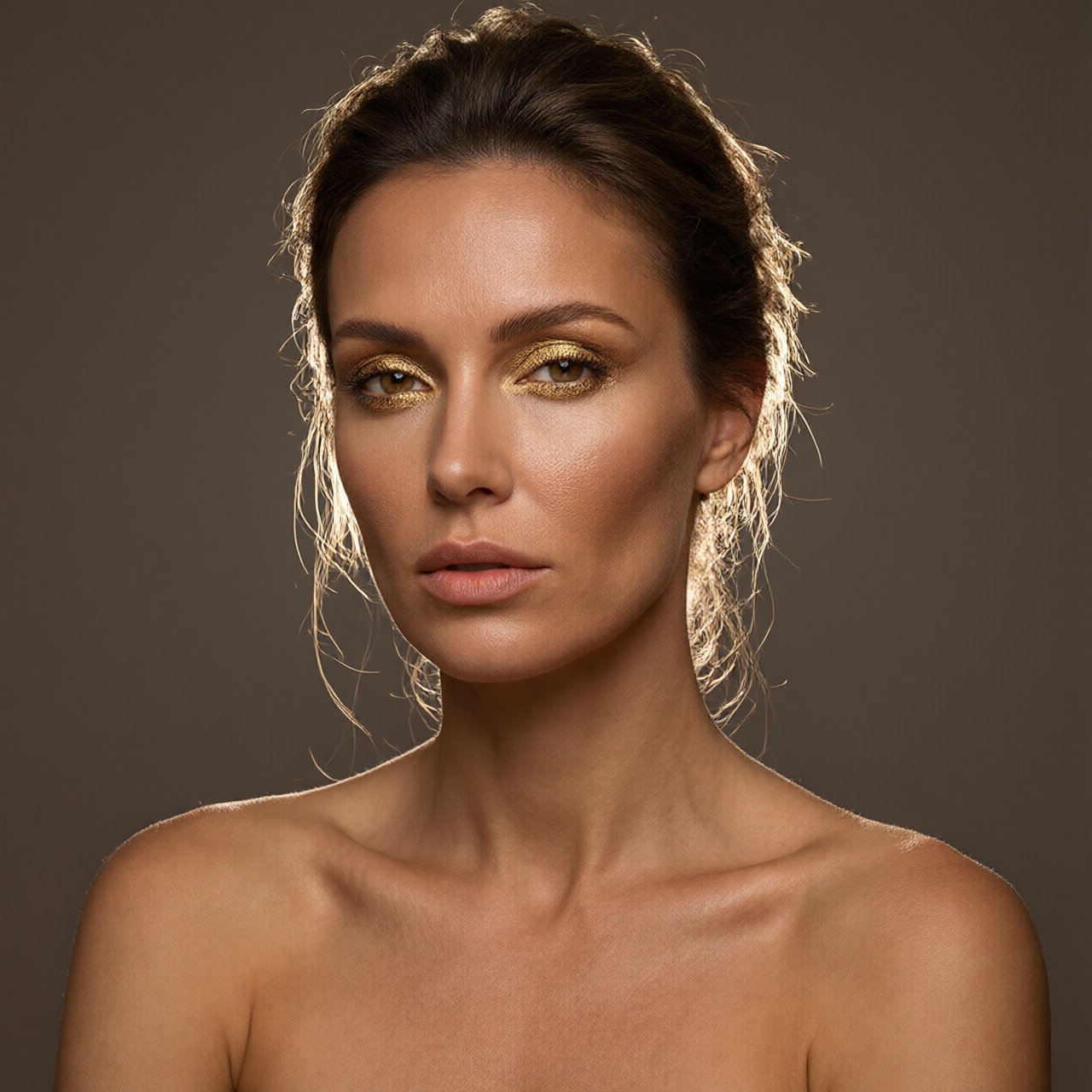 Beauty close-up of an adult woman with bronzed skin and gold eye makeup, bare shoulders, studio backlight halo, high-end campaign look. — Qwen Image 3.0