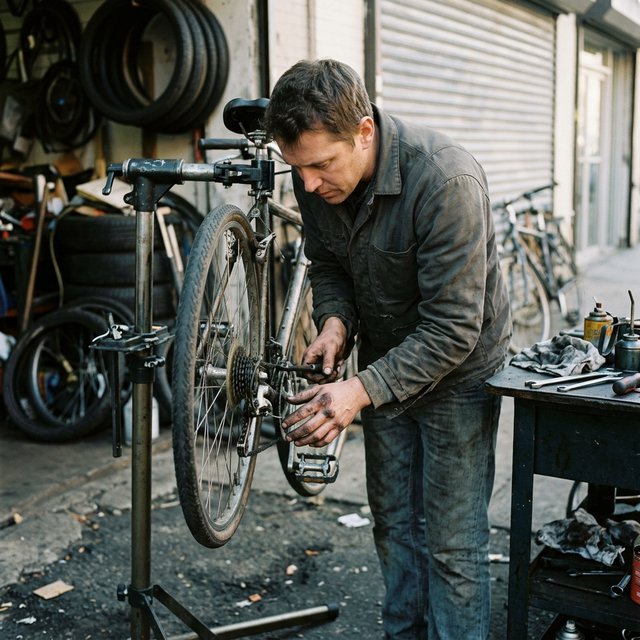 Candid documentary photograph of an adult repairing a bicycle at a quiet curbside workshop, cool morning window light, 50mm lens with shallow depth of field, grease smudges on their fingertips. — Nano Banana 2.1