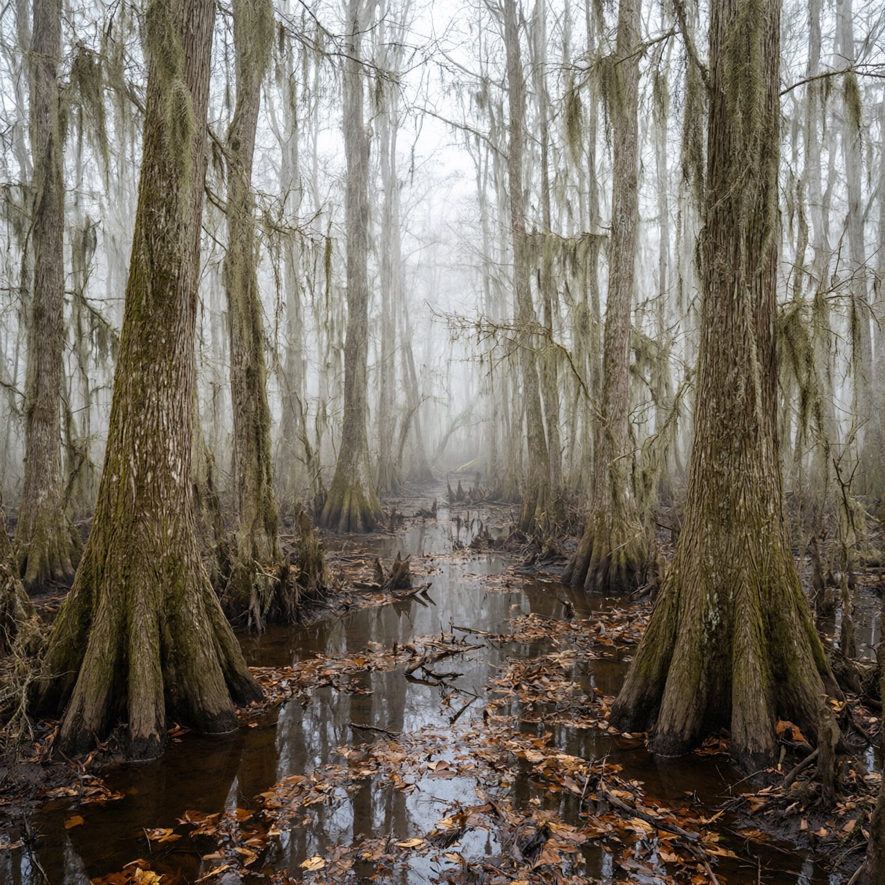 A cypress swamp at foggy sunrise after overnight drizzle, dark tea-colored water threading between moss-draped trunks; slick root knees and floating leaves lead toward pale trees disappearing into layered mist. — Qwen Image 3.0 Pro