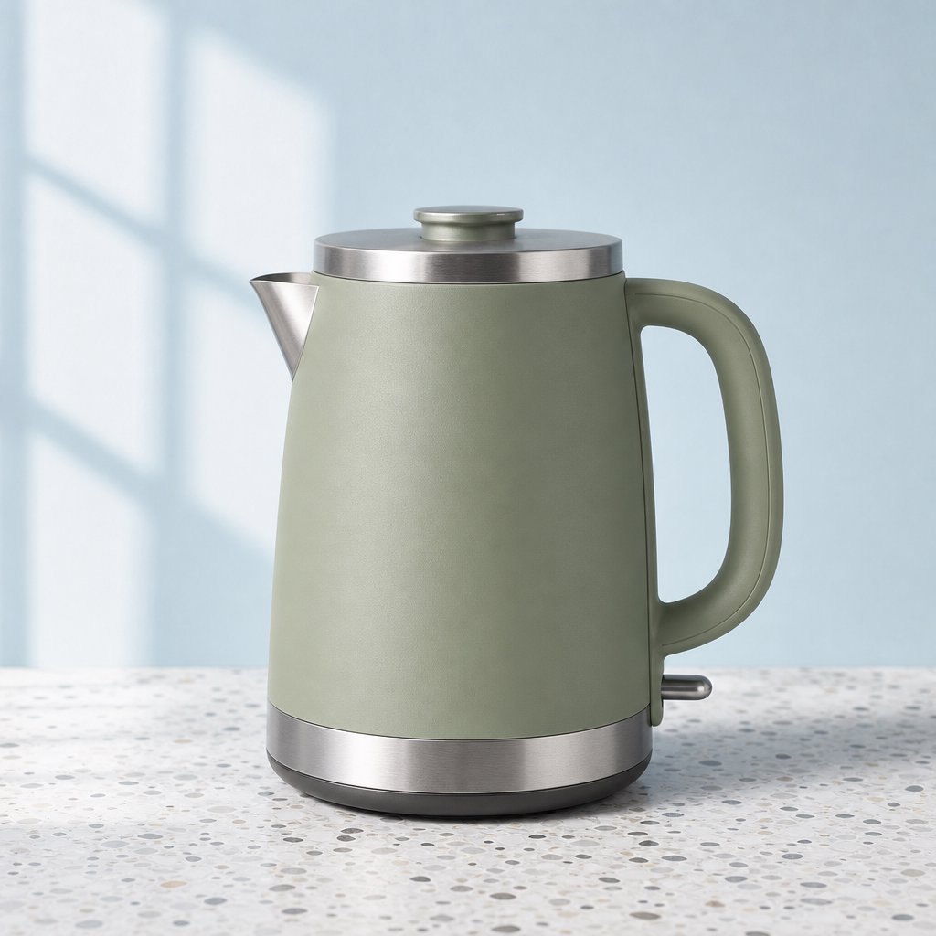 Commercial product photograph of an unbranded electric kettle made from matte sage ceramic and brushed stainless steel, resting on a white terrazzo surface against a pale blue background, with soft window light from the left and a delicate grounding shadow. — GPT Image 2
