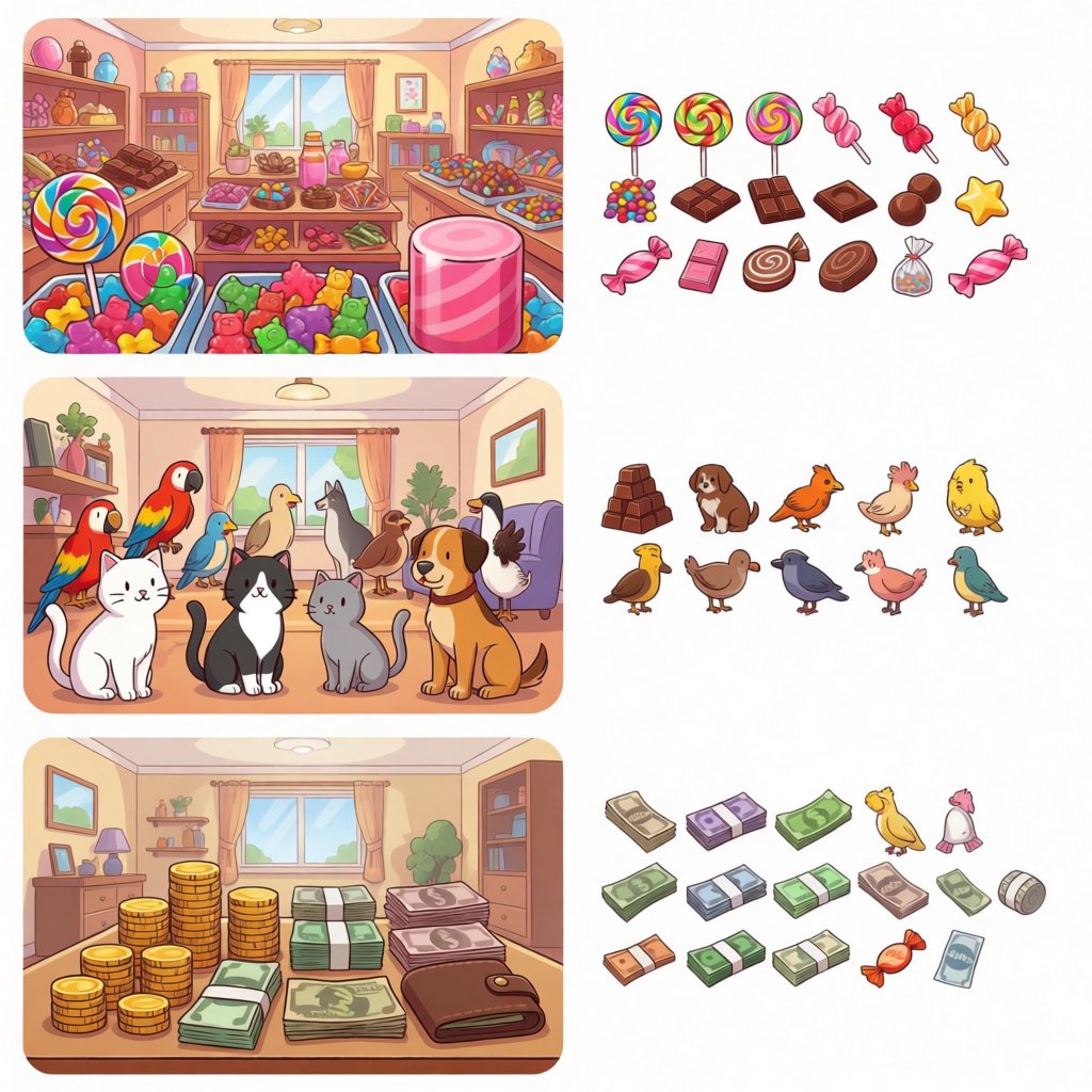 Realistic. Three scenes in one. 1) A room filled with many types of candy. 2) A room filled with many kinds of animals. 3) A room filled with all kinds of money. Above each room, a list names what is inside. — Krea 2 Medium