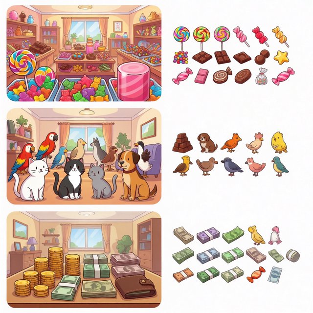 Realistic. Three scenes in one. 1) A room filled with many types of candy. 2) A room filled with many kinds of animals. 3) A room filled with all kinds of money. Above each room, a list names what is inside. — Krea 2 Medium