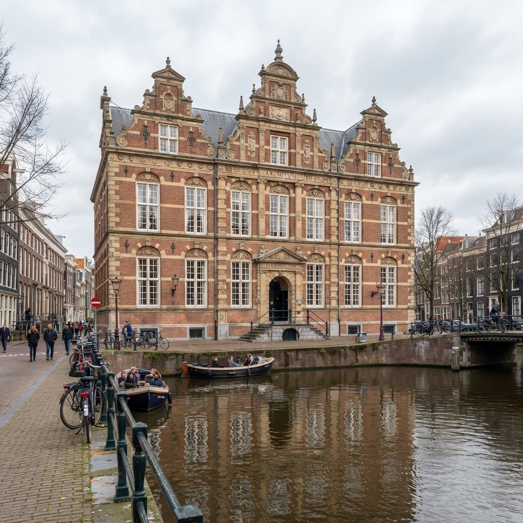 Exterior of a Dutch Renaissance canal-side archive, with warm red brick, pale stone bands, stepped gables, and tall sash windows; soft overcast light reveals the masonry, viewed from the opposite quay, with convincing structure and precise architectural lines. — Nano Banana 2 Lite