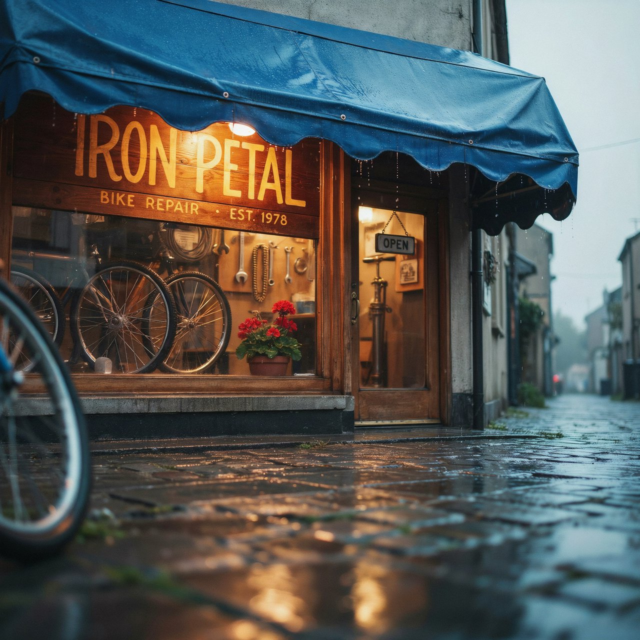 Rain beads on a bicycle repair shop’s blue awning, with wheels and brass tools visible behind the glass; “IRON PETAL” is lettered in warm yellow enamel capitals across the wooden fascia. — Ideogram v4