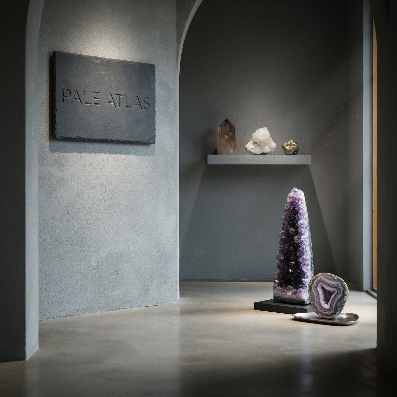 Within a quiet mineral gallery, amethyst clusters and polished geodes catch pools of light; "PALE ATLAS" is carved in clean capitals across a slate plaque beside the entrance. — Ideogram v4