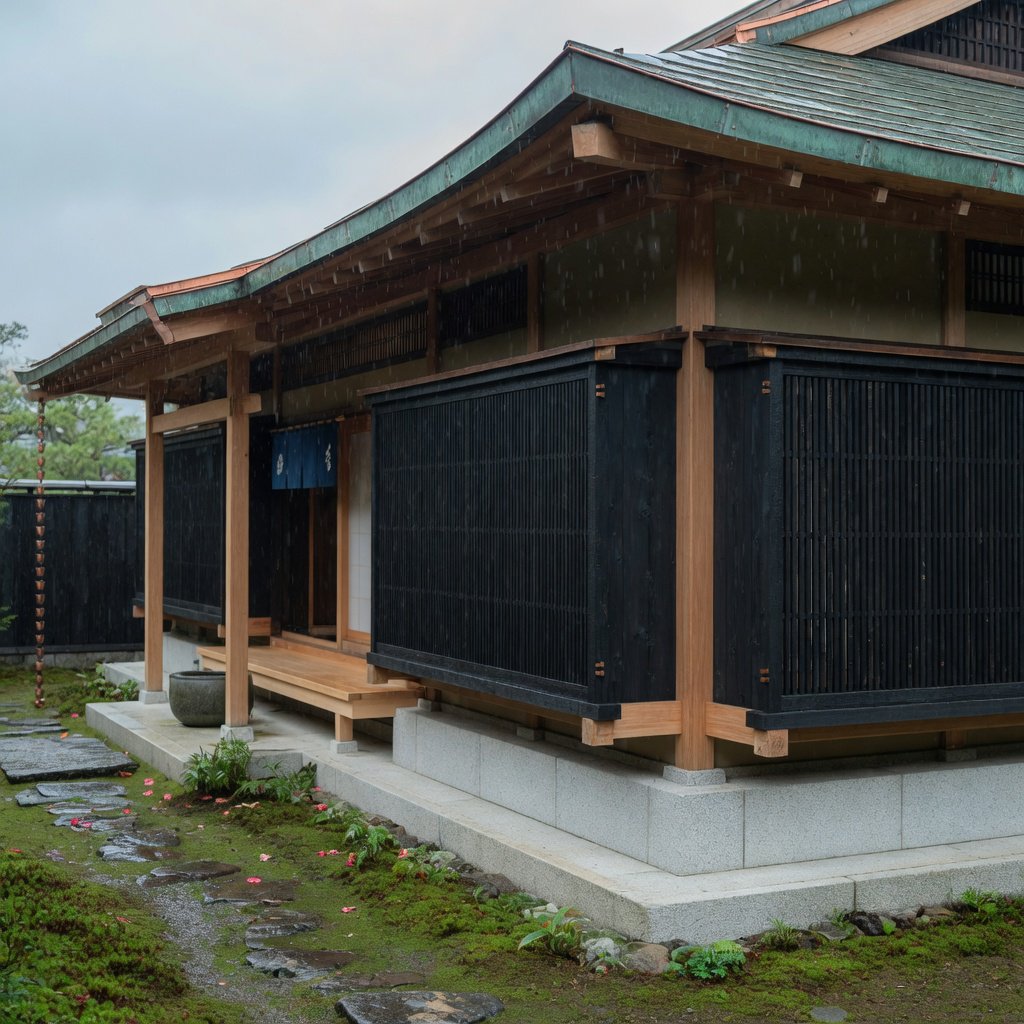 Exterior of a Kyoto-inspired contemporary teahouse in restrained Japanese timber architecture, charred cedar screens, pale granite, and a copper-clad roof; soft rain-bright afternoon light, viewed obliquely from a moss garden path, precise joinery and credible structure. — Grok Imagine Image Quality