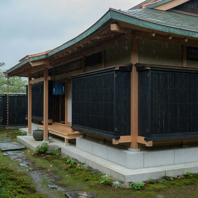 Exterior of a Kyoto-inspired contemporary teahouse in restrained Japanese timber architecture, charred cedar screens, pale granite, and a copper-clad roof; soft rain-bright afternoon light, viewed obliquely from a moss garden path, precise joinery and credible structure. — Grok Imagine Image Quality