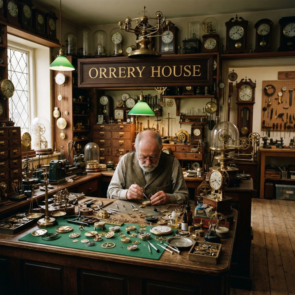 Inside a quiet clockmaker’s workshop, brass gears and tiny tools gleam beneath green-shaded lamps; "ORRERY HOUSE" is engraved in crisp serif letters on a dark walnut sign above the repair counter. — Nano Banana 2 Lite