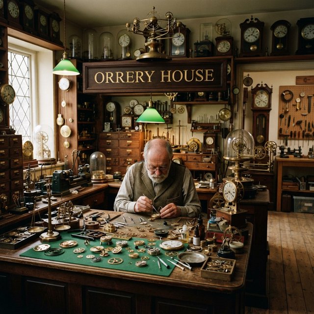 Inside a quiet clockmaker’s workshop, brass gears and tiny tools gleam beneath green-shaded lamps; "ORRERY HOUSE" is engraved in crisp serif letters on a dark walnut sign above the repair counter. — Nano Banana 2 Lite