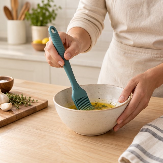 Across a honed maple counter, an adult hand guides an unbranded silicone pastry brush over a ceramic bowl; its ribbed teal handle catches diffused key light and warm bounce against a cream kitchen background, face cropped out, no lettering, commercial product image. — GPT Image 2.5 Sunburst