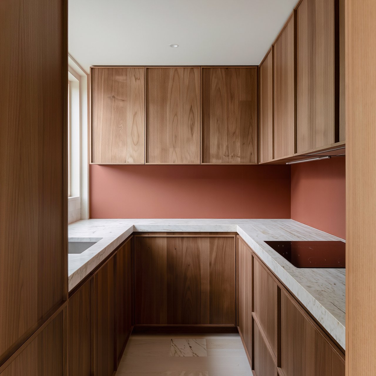 Along a galley kitchen, flat-front walnut cabinets meet pale limestone counters and a matte terracotta backsplash in restrained Scandinavian modern style; soft north-window daylight reveals the worktop from the doorway, with clean aligned lines and believable supports. — Kling v3