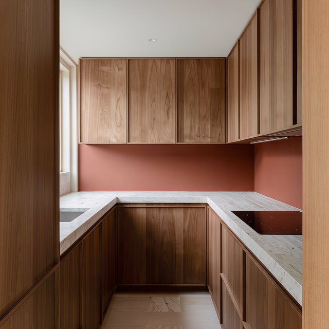 Along a galley kitchen, flat-front walnut cabinets meet pale limestone counters and a matte terracotta backsplash in restrained Scandinavian modern style; soft north-window daylight reveals the worktop from the doorway, with clean aligned lines and believable supports. — Model 9