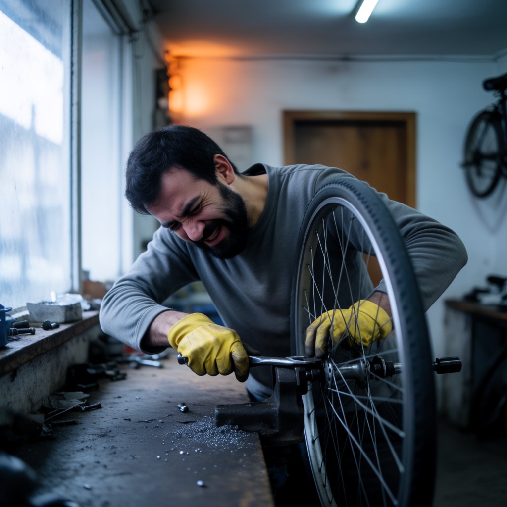 Candid documentary photograph of an adult bicycle mechanic tightening a wheel in a modest repair shop, cool window light mixing with a warm work lamp, 35mm lens with moderate depth of field, fine metal filings caught on the workbench. — Krea 2 Medium