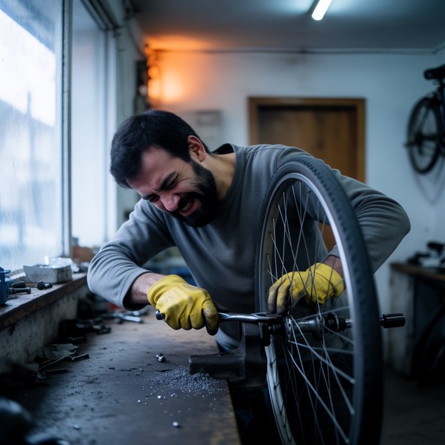 Candid documentary photograph of an adult bicycle mechanic tightening a wheel in a modest repair shop, cool window light mixing with a warm work lamp, 35mm lens with moderate depth of field, fine metal filings caught on the workbench. — Krea 2 Medium