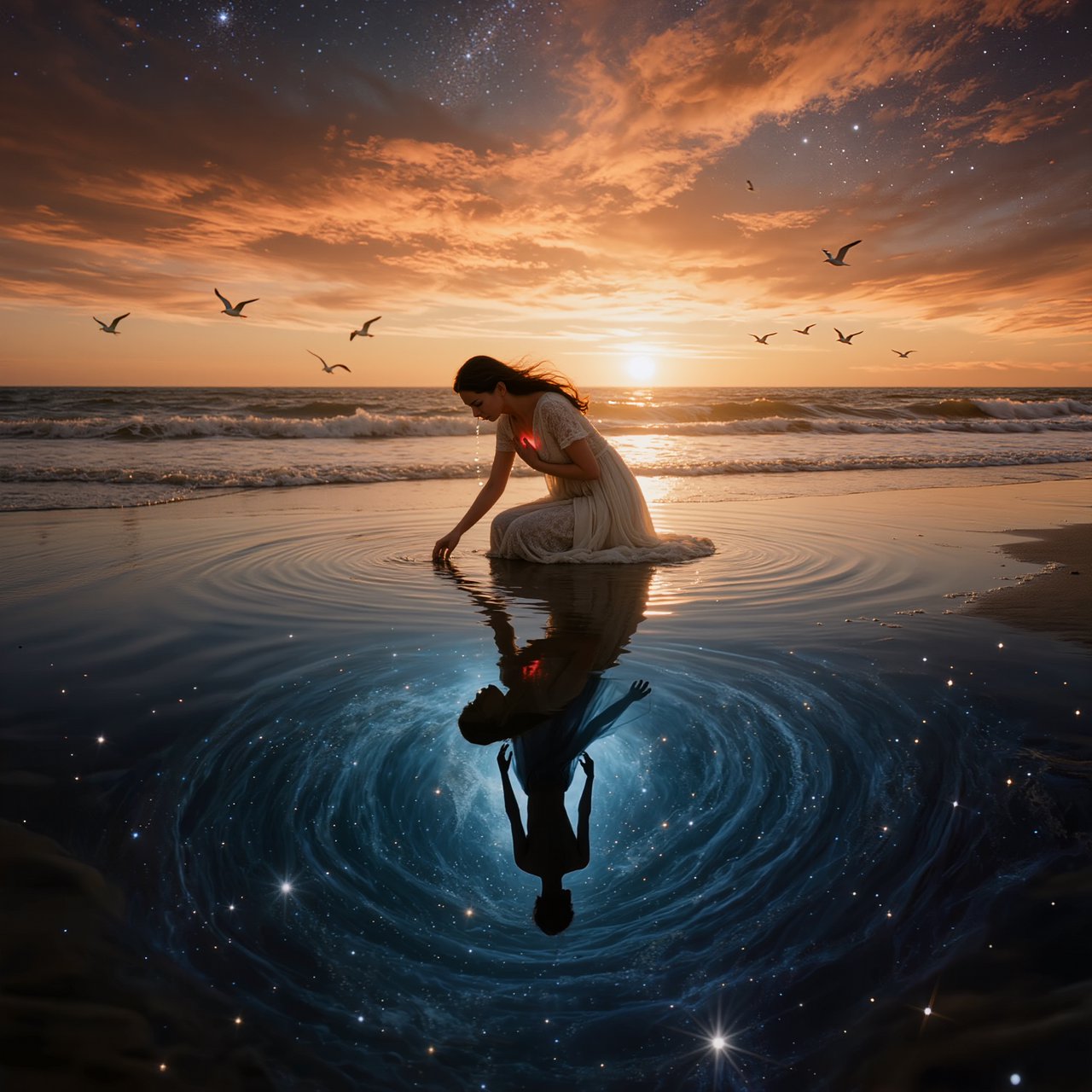 Cinematic, photorealistic artwork of a sorrowful young woman in a flowing ivory lace dress kneels in shallow surf at the waterline during sunset. Her long, windblown dark hair frames her downcast face; a tear flows down her cheek and into the water, one hand presses against her chest, glowing faintly crimson to suggest her still-beating heart, while her other fingertips touch the water. The world behind her remains beautiful: a golden sun shines over restless waves, seabirds cross the sky, and fiery peach clouds fade into star-filled indigo. In the wet sand, her reflection becomes a dark cosmic void. Stars ripple around a fading, ghostlike image of her partner deserting her and dissolving into darkness. The tear forms concentric ripples, disturbing an entire universe. Contrast warm golden life above with cool blue-black devastation below. Natural cinematic lighting, detailed water reflections, realistic anatomy, restrained grief. No text, borders, or collage. — Kling v3