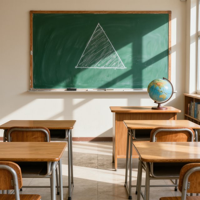 A classroom with exactly four desks in two rows, a globe on the teacher's desk, a chalkboard with a single drawn triangle, empty of people. — Kling v3 Omni