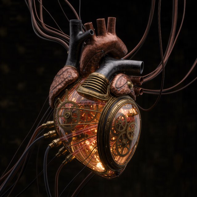 A beautifully intricate mechanical heart floating alone in deep darkness, designed like an exquisite piece of horological sculpture. Its polished brass, copper, and dark steel chambers are partially open, revealing layers of tiny interlocking gears, delicate springs, pistons, and precision mechanisms within. Sections of crystal-clear glass expose deeper workings, while slender tubes carry a faintly glowing fluid through the heart like an artificial bloodstream. Tiny gears turn and pistons move, suggesting that the heart is genuinely functioning. Fine mechanical filaments curl outward like veins and arteries, catching subtle highlights from the warm inner glow. Elegant steampunk aesthetic, dramatic cinematic lighting, rich metallic textures, intricate reflections, mysterious atmosphere. — Kling v3 Omni