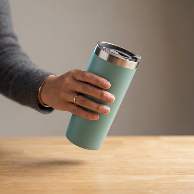 An adult hand lifts an unbranded insulated travel mug, its matte sea-glass polymer body and brushed-steel rim catching softbox highlights above a pale oak counter; warm gray studio backdrop, broad diffused key and cool edge light, no face or lettering. — Nano Banana 2 Lite