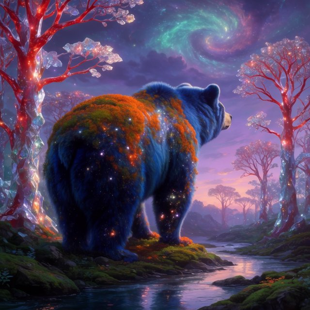 A colossal ancient bear, its fur woven with moss and starlight, stands at the edge of a shimmering, otherworldly forest. The trees are made of crystal and emit a soft, ethereal glow. In the distance, a nebula swirls in the twilight sky. The scene is rendered in a fantasy art style, with surrealist elements and cinematic lighting that emphasizes the majestic scale of nature. — Krea 2 Large
