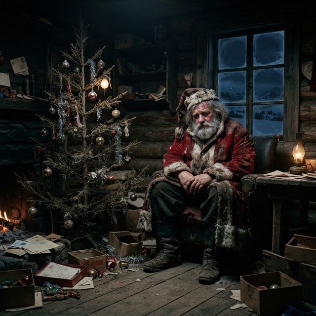 A melancholic, somewhat disheveled Santa Claus in a worn, dirty coat. He sits in his cabin at the North Pole next to a desolate, needleless Christmas tree, its decorations hanging only sporadically. The aura radiates a quiet despair. — Nano Banana 2 Lite