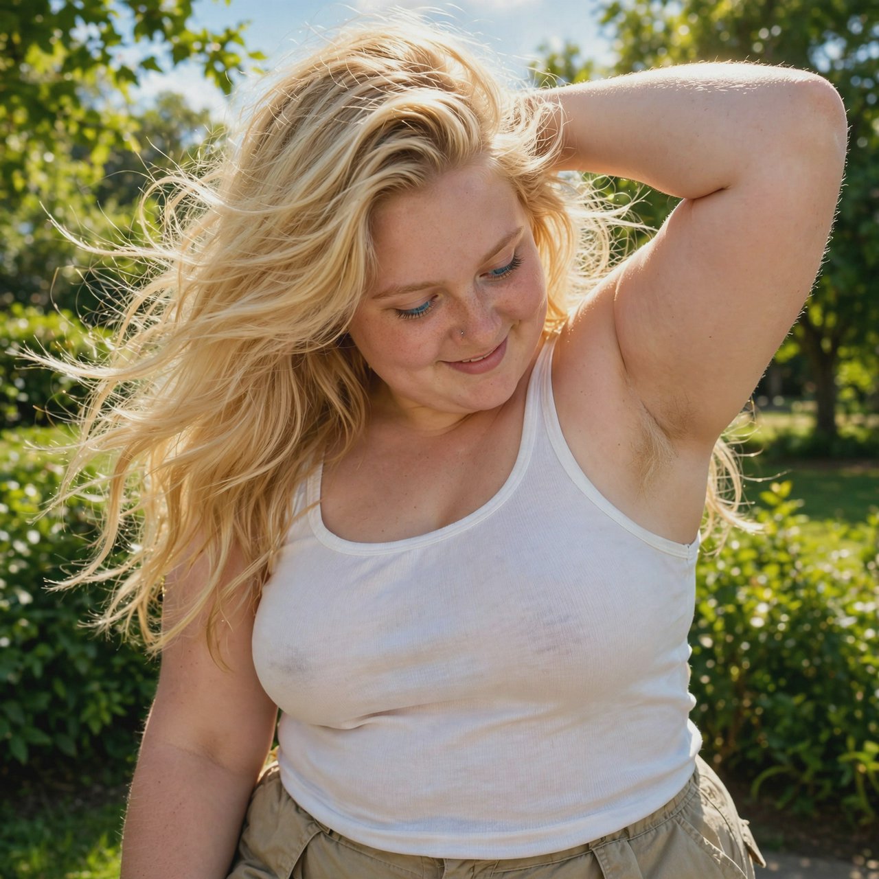 A vibrant medium shot of Cheyenne observing her armpit hair, her long blonde hair bouncing around her face, her blue eyes glimmering, and a soft smile playing on her lips. She is a 23-year-old adult with a very chubby body, a pointy nose, and thin blonde hairs on both forearms. She wears her signature white tank top and baggy shorts, standing against a backdrop of lush greenery and a sunny sky, with sunlight glimmering on her. — Muse Image 1.0