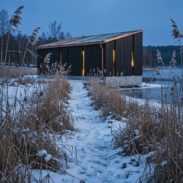 Exterior of a Scandinavian modernist lakeside sauna pavilion, blackened timber cladding, pale granite plinth, copper roof, winter blue-hour light glowing through narrow windows, viewed from a snowy reed-lined path, straight structural geometry and plausible construction. — Muse Image 1.0