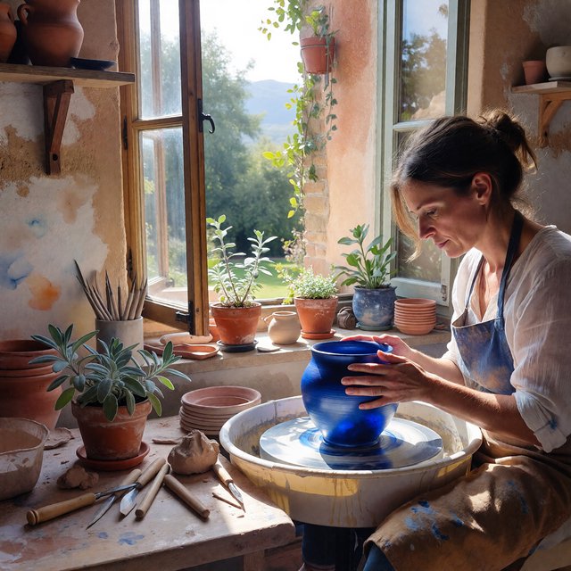 Watercolour illustration of an adult ceramicist shaping a luminous blue vessel beside an open workshop window, surrounded by clay tools, potted herbs, and sunlit terracotta walls. Palette of cobalt, ochre, sage, and cream, with soft flowing brushwork. — ImagineArt 1.5 Pro