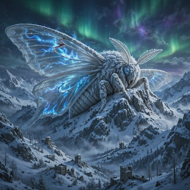 A colossal moon-moth leviathan rests atop a snowbound mountain ridge, its translucent wings veined with blue fire and its fur silvered by frost. Tiny abandoned watchtowers below emphasize its immense scale beneath an aurora-filled sky. — Muse Image 1.0