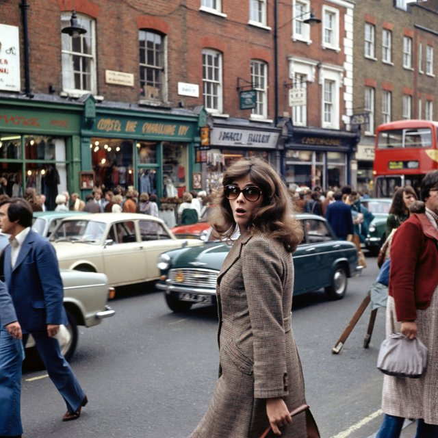 A glamorous woman walking down a busy UK high street in 1977. There are cars, buses and shops full of merchandise. Something surprising catches her eye. — ImagineArt 2