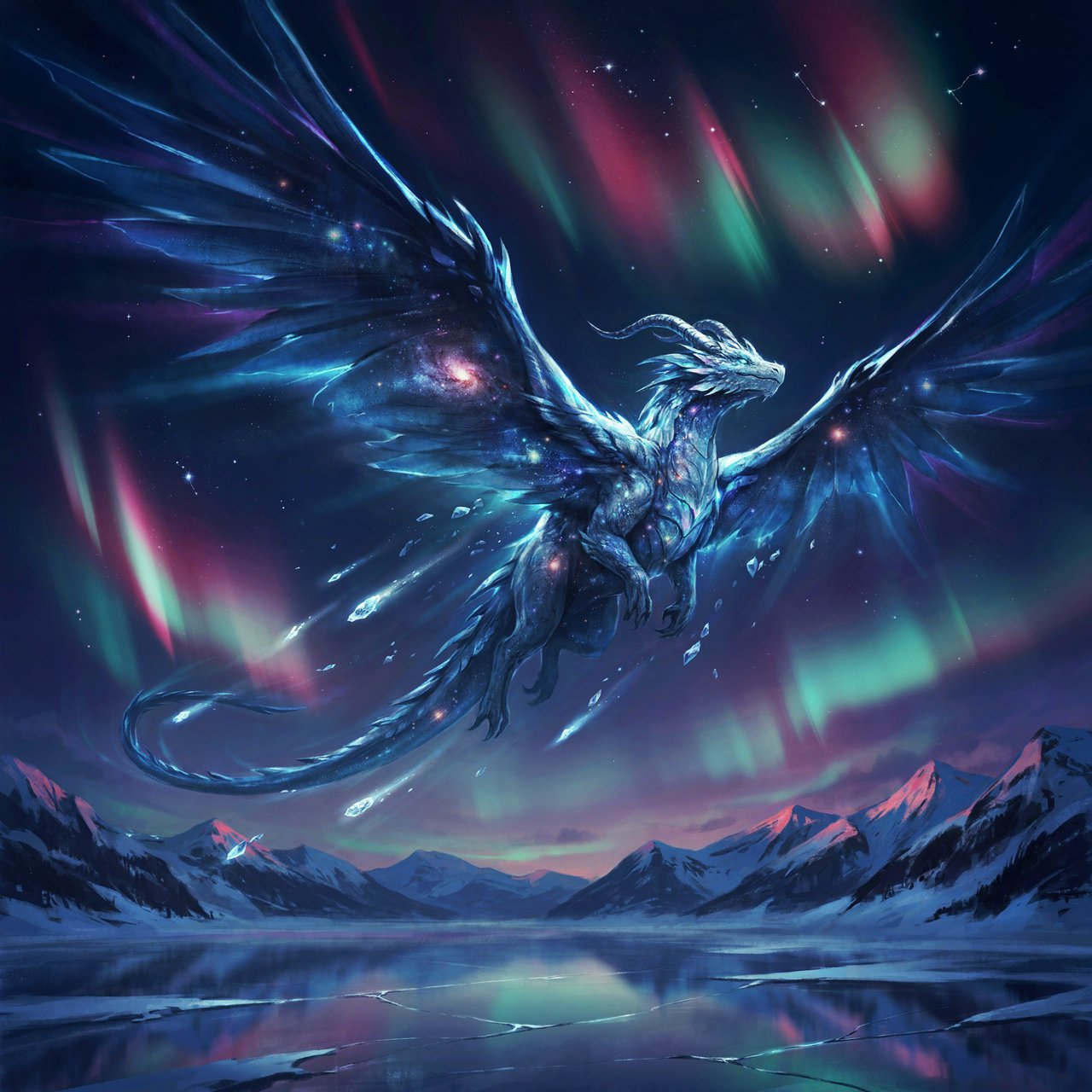 A majestic dragon made of pure starlight and frozen cosmic dust, soaring through a celestial winter landscape. Its scales shimmer with the light of a thousand galaxies, and its breath is a trail of icy comets. The background features swirling aurora borealis over a frozen, mountainous terrain. The style is a blend of painterly fantasy art and surrealism. — Ideogram v4