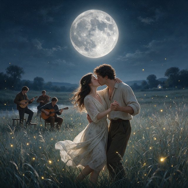 An illustration of a young adult European couple sharing a kiss while dancing in a moonlit meadow, with tall grass, fireflies, musicians playing music, and a huge silver moon overhead. — Seedream 5.0 Pro