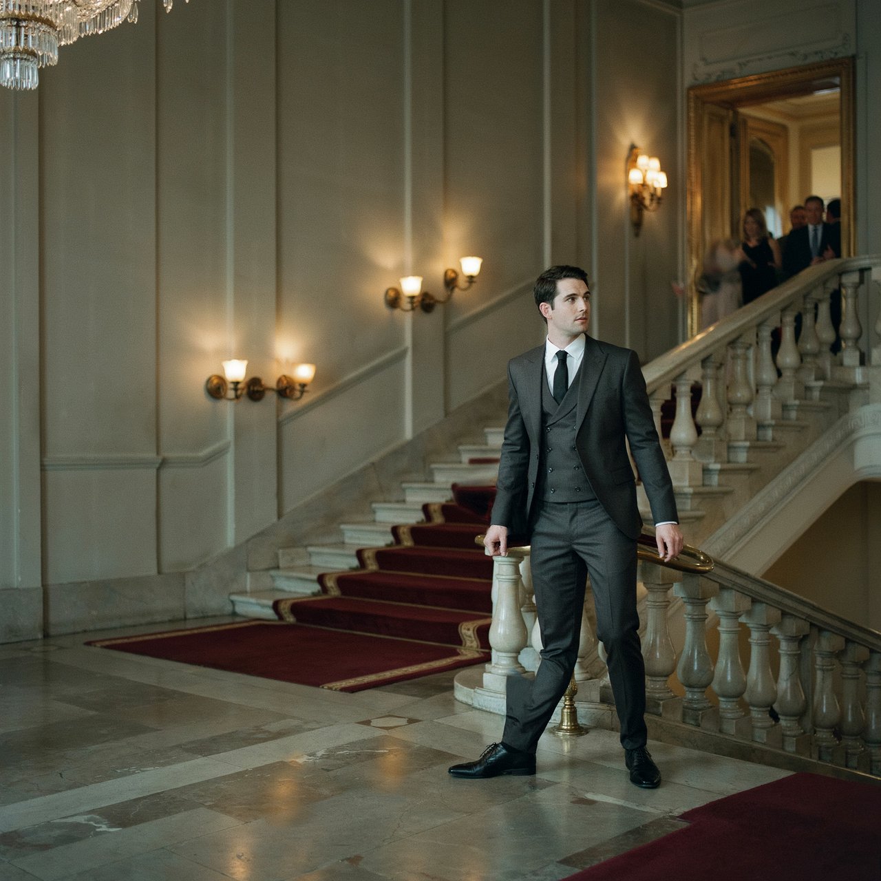 A tall adult man in a charcoal evening suit pauses halfway down a sweeping hotel staircase, caught glancing toward the ballroom as amber sconces cast sculpted light across stone; crisp tailoring and composed fashion-magazine polish. — Ideogram v4