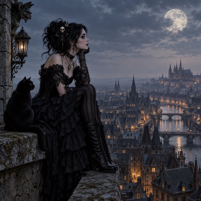 A whimsical gothic woman sitting on a ledge overlooking the city. — GPT Image 2.5 Flare
