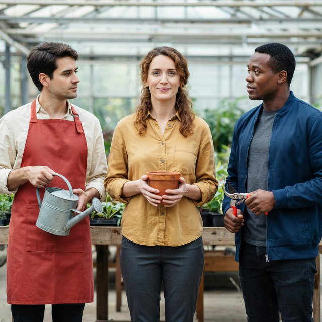 At a quiet greenhouse bench, exactly three adult botanists stand in a row: left wears a rust-red apron and holds a watering can, center wears a mustard shirt and holds a terracotta pot, right wears a navy jacket and holds pruning shears; nothing else. — Ideogram v4.5