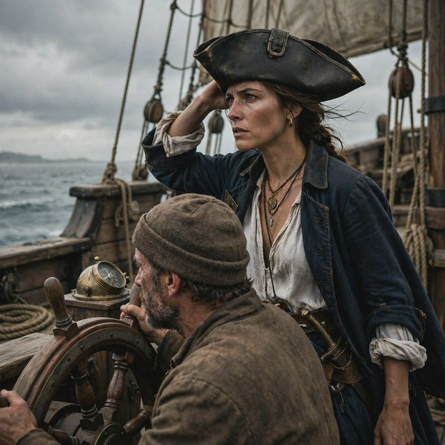 A pirate woman wearing a tricorne hat and an open coat stands behind the helmsman, scanning the horizon for danger. — Muse Image 1.0