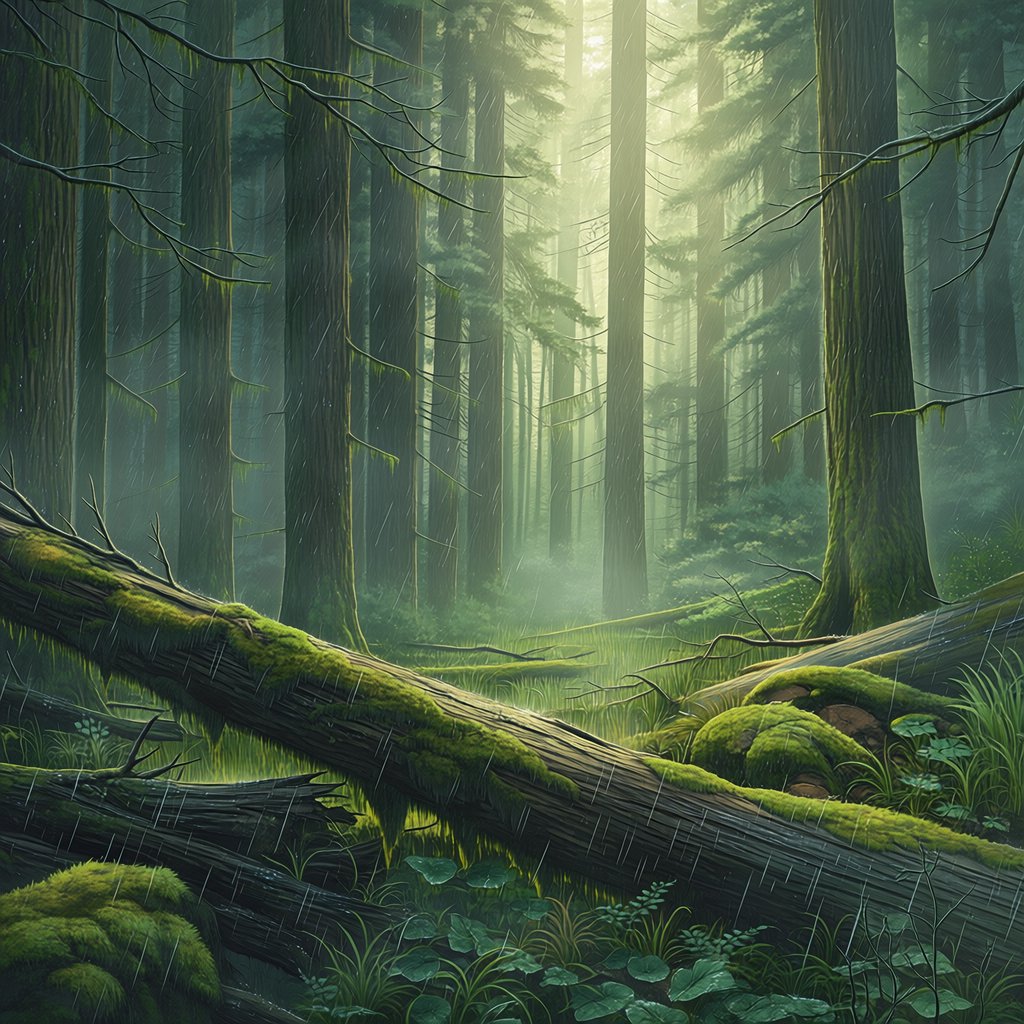 Old-growth temperate rainforest after rain, moss-covered fallen log, fog between the trunks, soft diffused light. — Midjourney Niji 7
