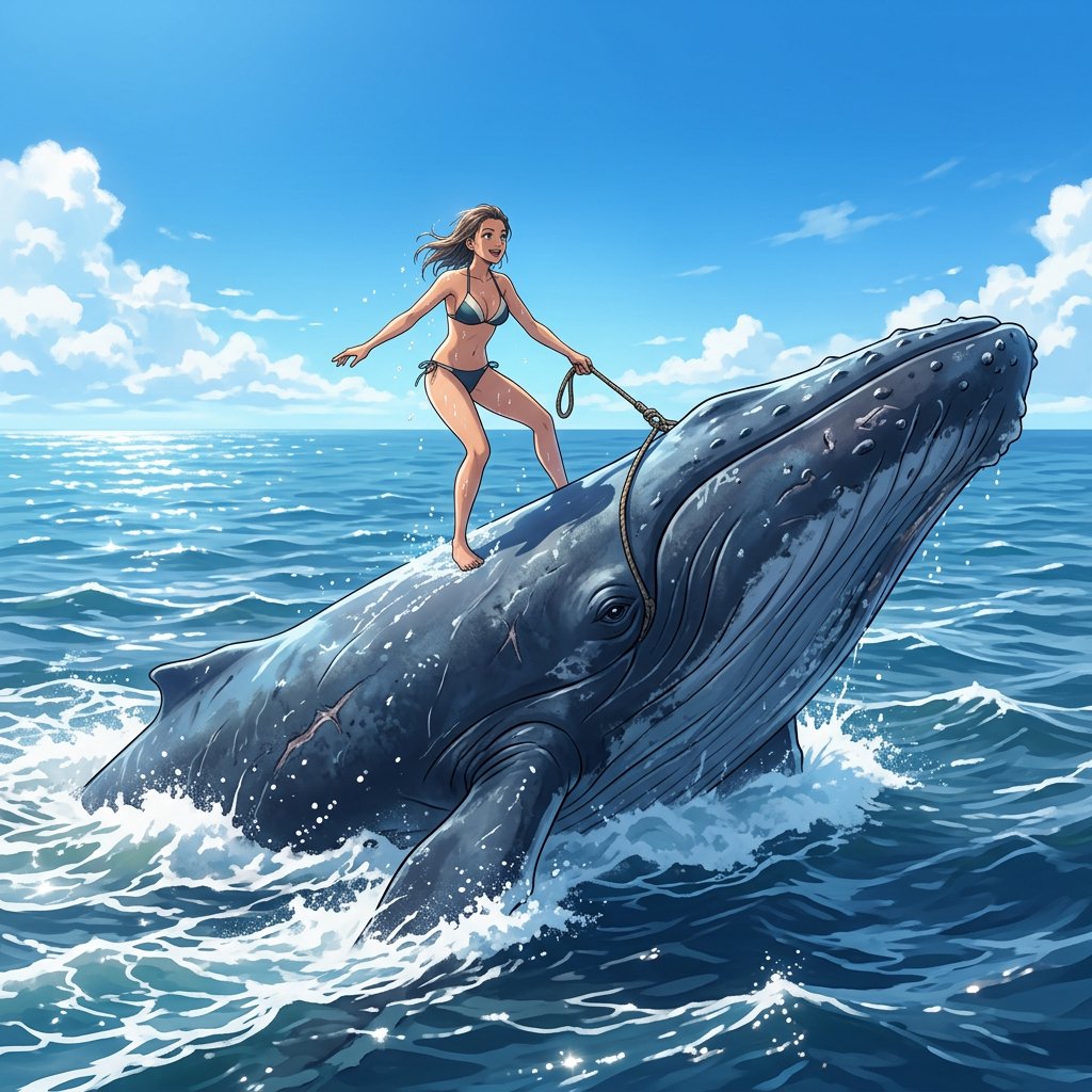 Anime-style illustration of an adult young woman confidently balancing on the broad back of a massive humpback whale as it swims across the open ocean. She wears a stylish two-piece bikini appropriate for a sunny tropical setting, with wet hair and subtle water droplets catching the light. One hand grips a sturdy tether secured near the whale's dorsal area, using it to maintain her balance as the whale moves through the waves, while her other arm extends naturally for stability. The whale is enormous and majestic, its dark blue-gray skin covered in realistic texture, scars, and subtle highlights. Its powerful body breaks partially above the rolling ocean surface, creating a sweeping trail of white foam and spray behind it. The woman looks exhilarated and joyful, her expression conveying adventure and freedom rather than fear. Vast open sea stretches toward the horizon beneath a brilliant blue sky with scattered white clouds. Sunlight sparkles across the water — Nano Banana 2.1