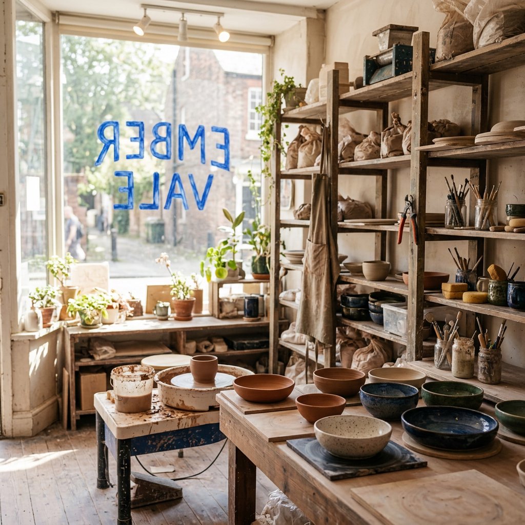 Inside a sunlit ceramics studio, glazed bowls dry beside a turning wheel and shelves of clay tools; "EMBER VALE" is painted in cobalt capitals on the front window. — Nano Banana 2.1