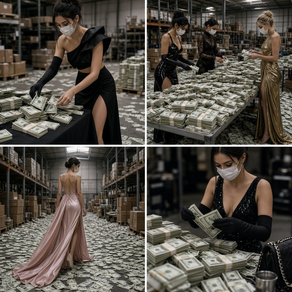 Adult women wearing masks (the kind you wear when you have a cold), in a warehouse, all wearing the kinds of outfits you would see models wear on a runway, counting lots of money (money is seen everywhere, on tables, on the floor, etc.). At least 4 different POVs. — Grok Imagine Image 2