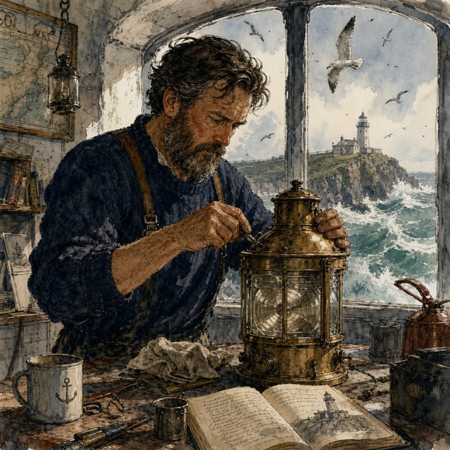 Ink-and-watercolour illustration of an adult lighthouse keeper repairing a brass lantern inside a windswept cliff tower, gulls circling beyond the window and sea spray glowing below. Palette of navy, rust, seafoam, and warm ivory, with expressive linework. — GPT Image 2